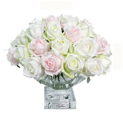 37 Rose Buds in French Pink with Green and White Silver Badge