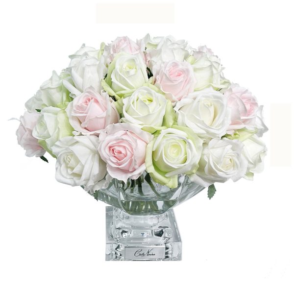 37 Rose Buds in French Pink with Green and White Silver Badge